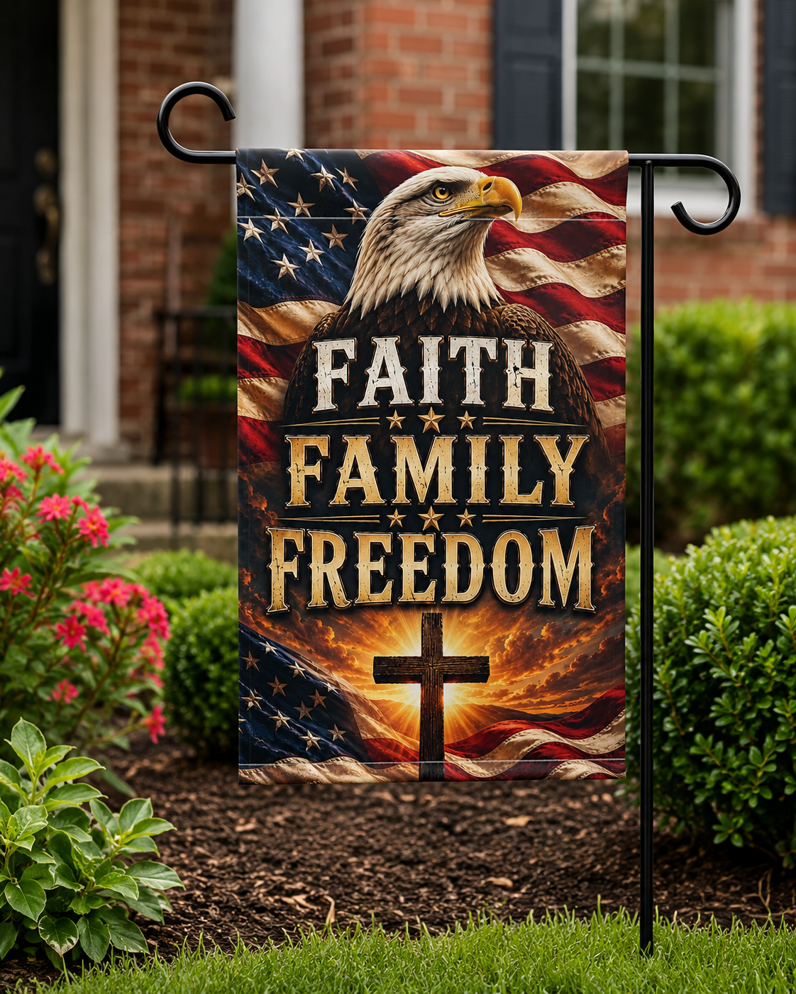 Faith Family Freedom Garden Flag — Patriotic Eagle & Cross Outdoor Banner