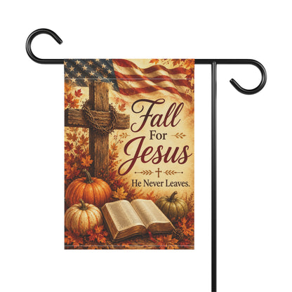Fall for Jesus Garden Flag — Autumn Religious House Banner with Cross, Bible & Pumpkin