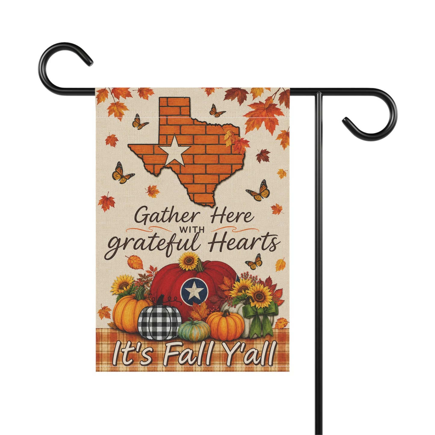 Fall Garden Flag – "Gather Here with Grateful Hearts" Texas Pumpkin Autumn Yard Banner