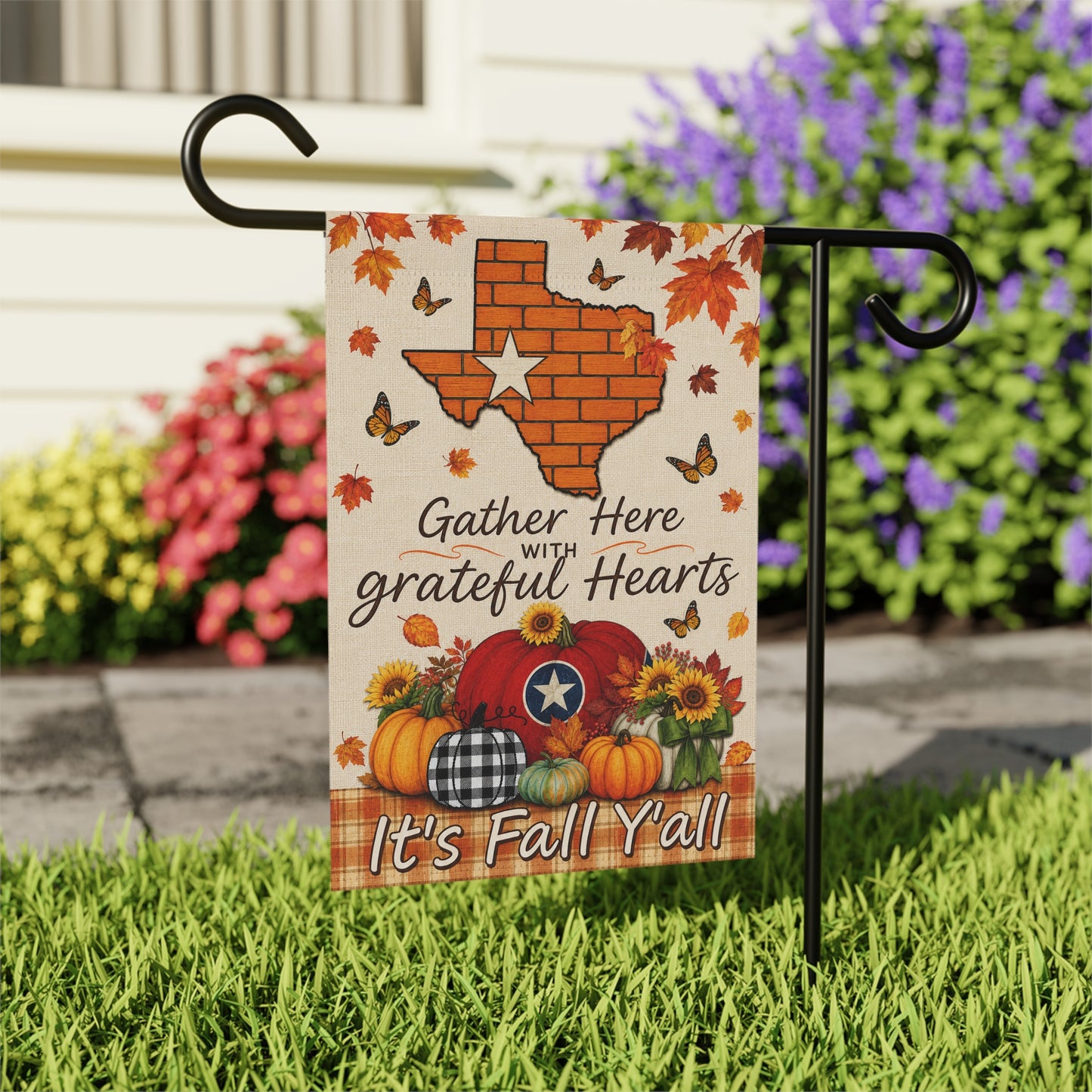 Fall Garden Flag – "Gather Here with Grateful Hearts" Texas Pumpkin Autumn Yard Banner
