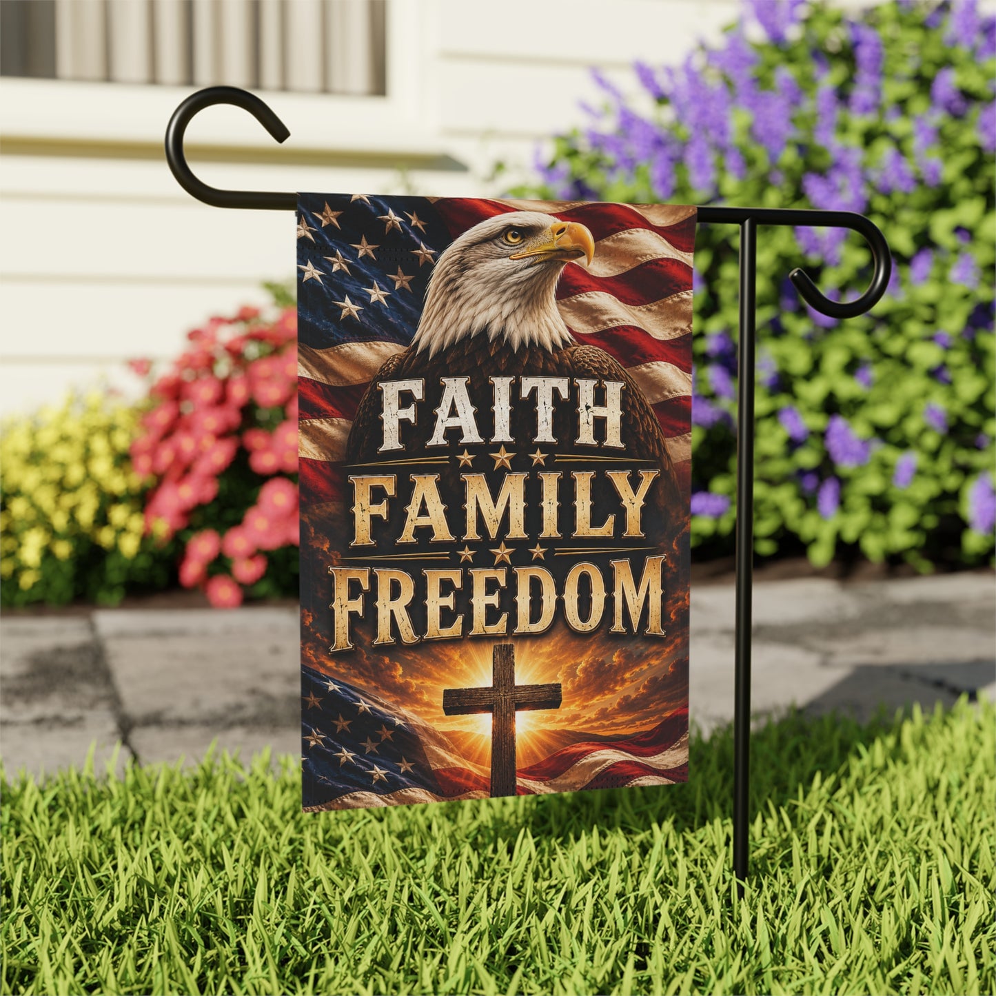 Faith Family Freedom Garden Flag — Patriotic Eagle & Cross Outdoor Banner