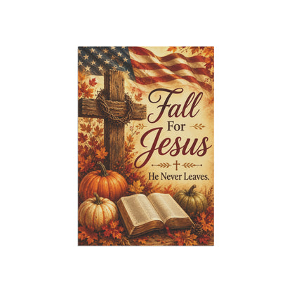 Fall for Jesus Garden Flag — Autumn Religious House Banner with Cross, Bible & Pumpkin