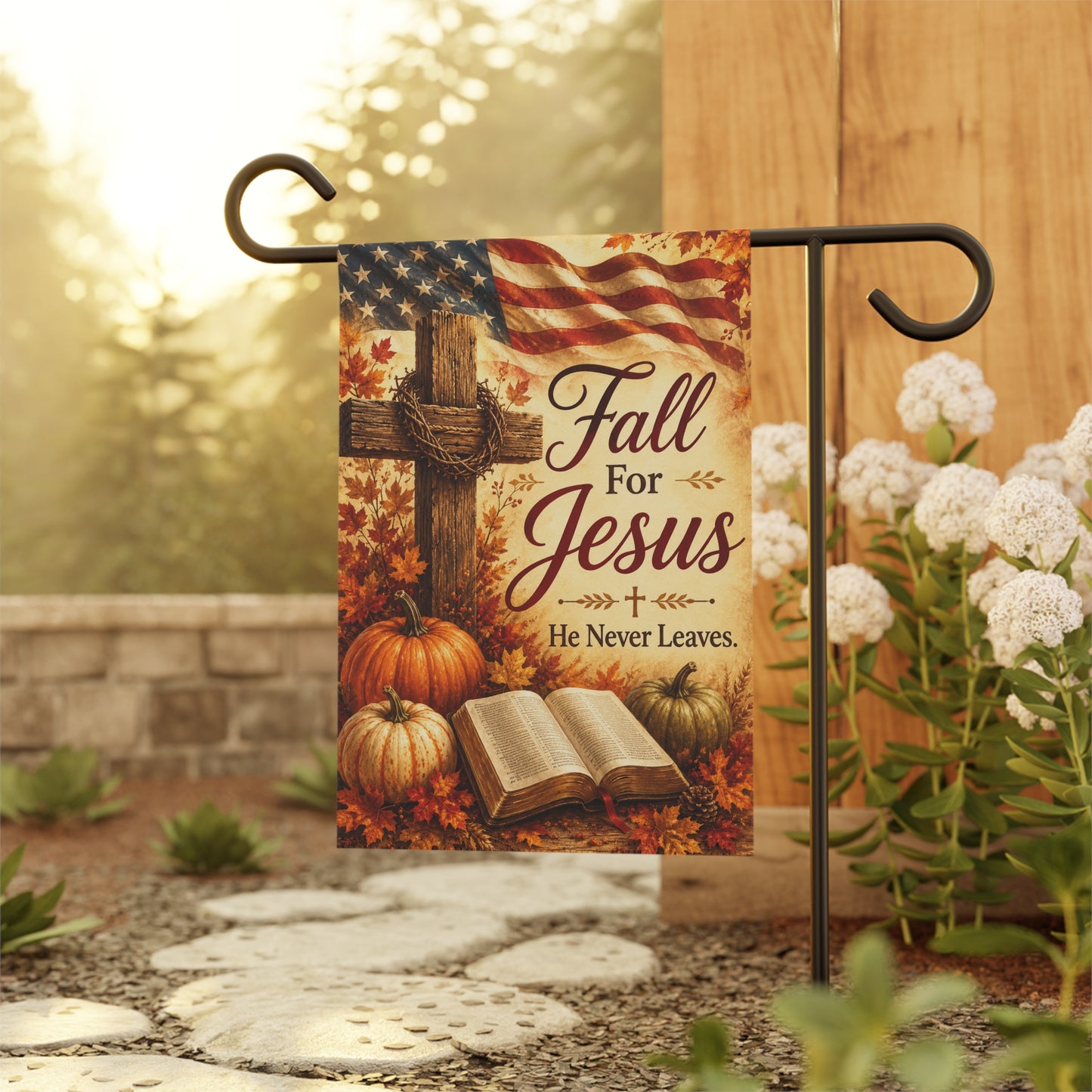 Fall for Jesus Garden Flag — Autumn Religious House Banner with Cross, Bible & Pumpkin