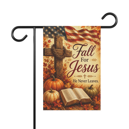 Fall for Jesus Garden Flag — Autumn Religious House Banner with Cross, Bible & Pumpkin