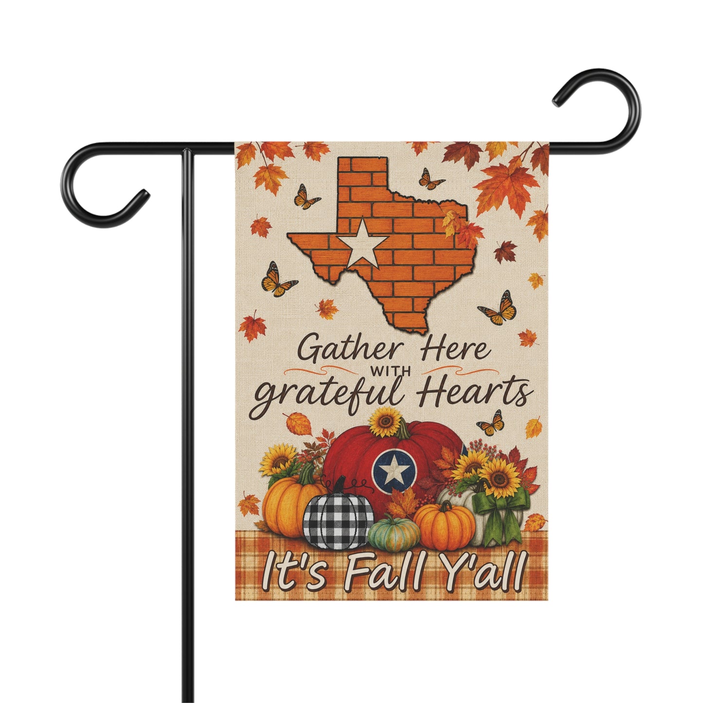 Fall Garden Flag – "Gather Here with Grateful Hearts" Texas Pumpkin Autumn Yard Banner
