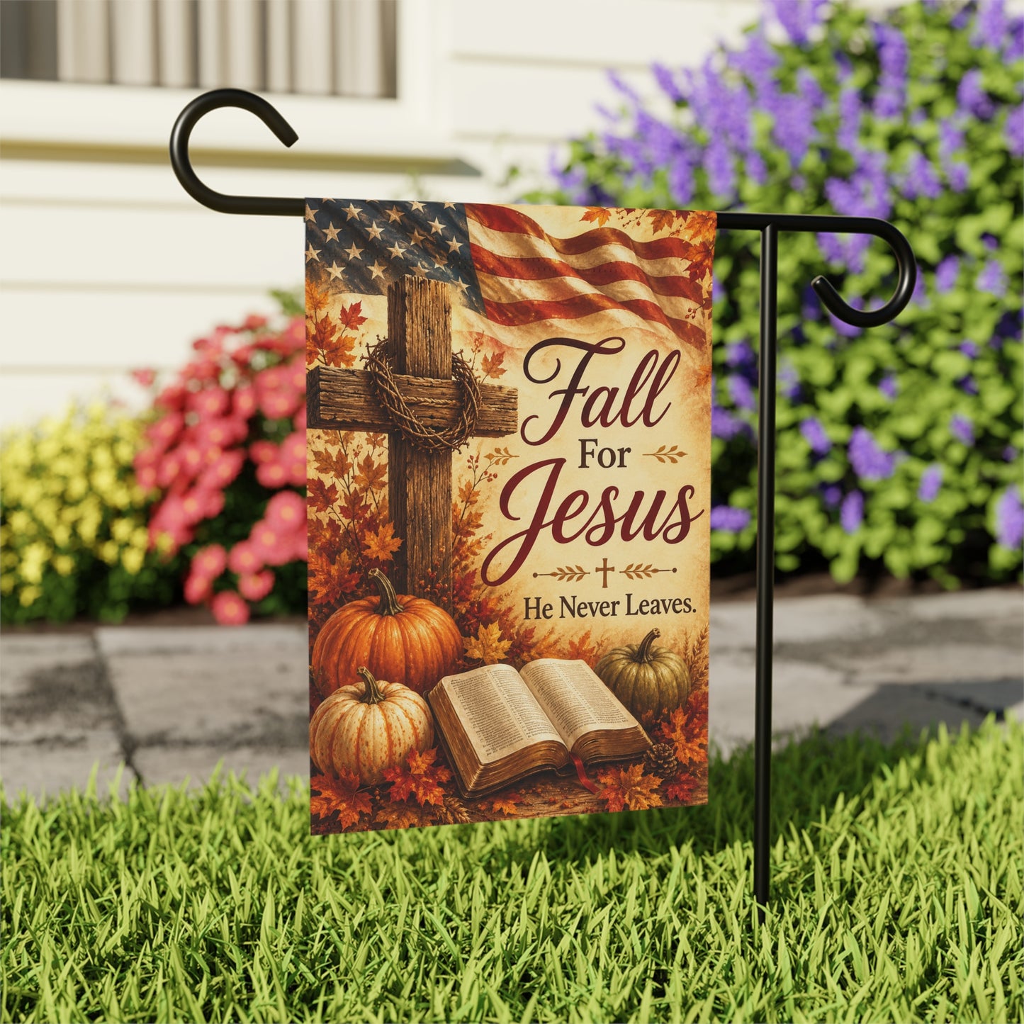 Fall for Jesus Garden Flag — Autumn Religious House Banner with Cross, Bible & Pumpkin