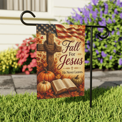 Fall for Jesus Garden Flag — Autumn Religious House Banner with Cross, Bible & Pumpkin