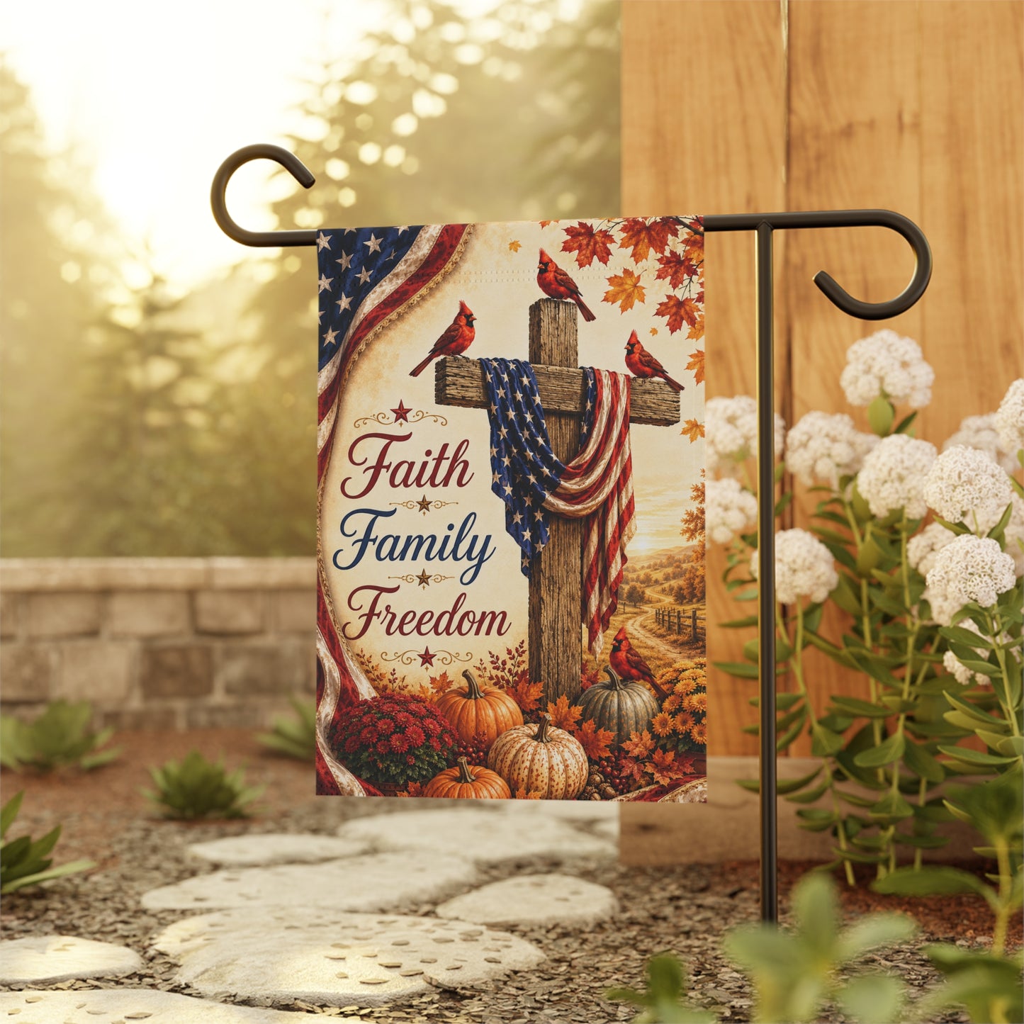 Faith Family Freedom Garden Flag - Patriotic Cross Autumn House Banner
