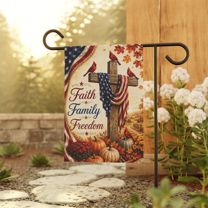 Faith Family Freedom Garden Flag - Patriotic Cross Autumn House Banner