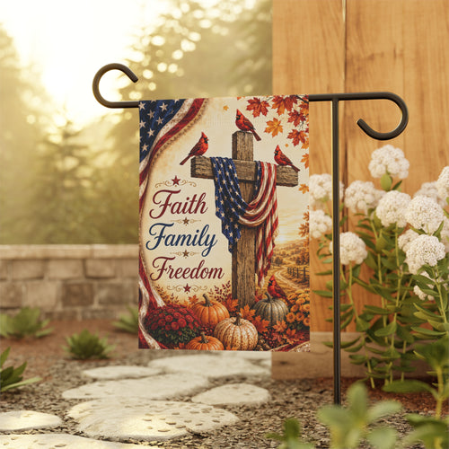 Faith Family Freedom Garden Flag - Patriotic Cross Autumn House Banner