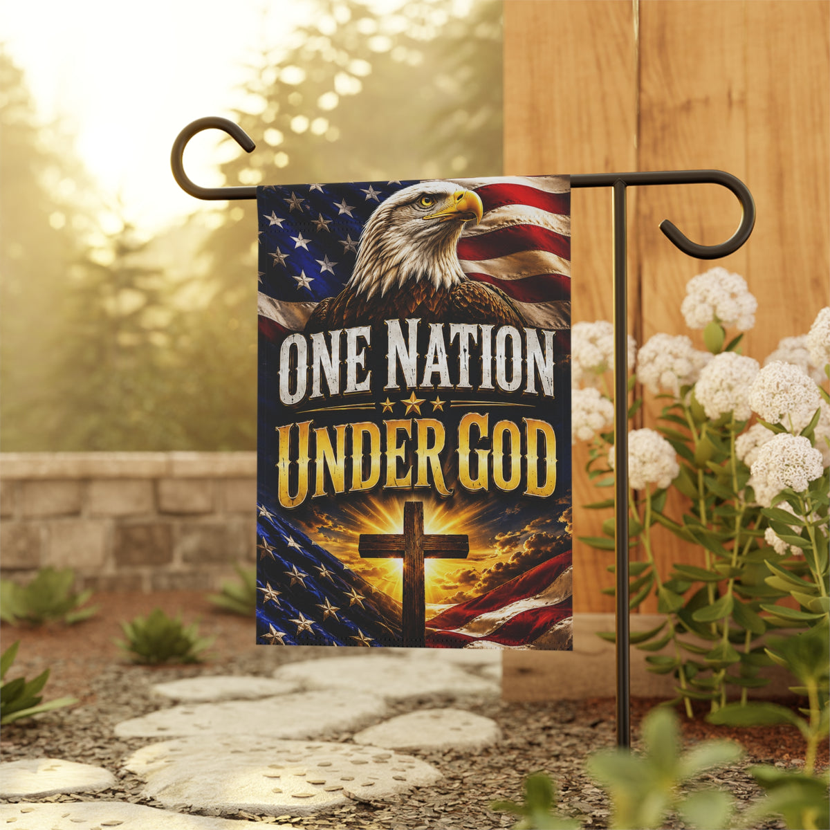 One Nation Under God Garden Flag – Patriotic Eagle & Cross House Banner