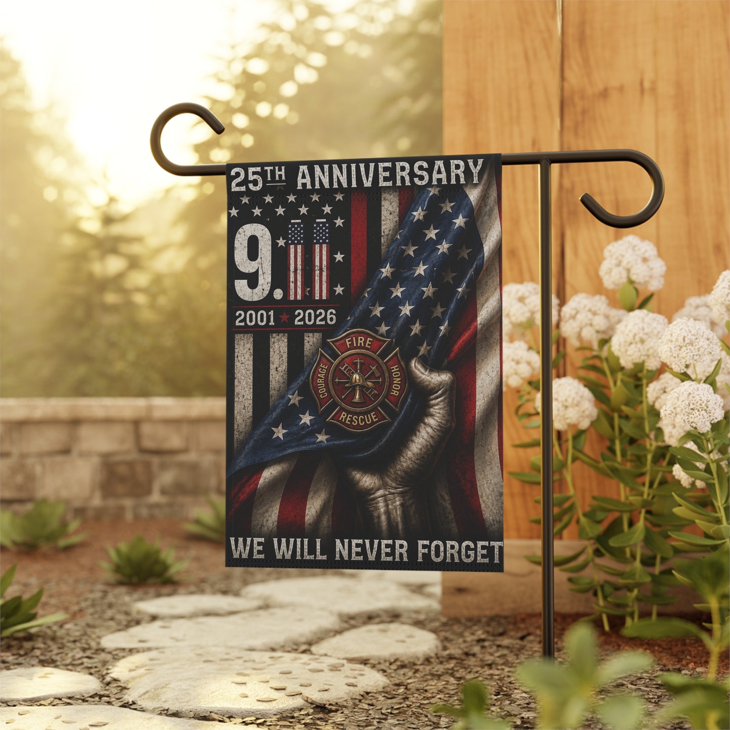 9/11 25th Anniversary Memorial Garden Flag — We Will Never Forget