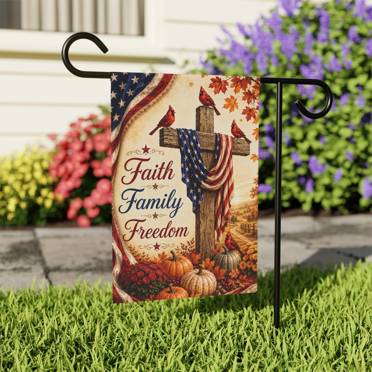 Faith Family Freedom Garden Flag - Patriotic Cross Autumn House Banner