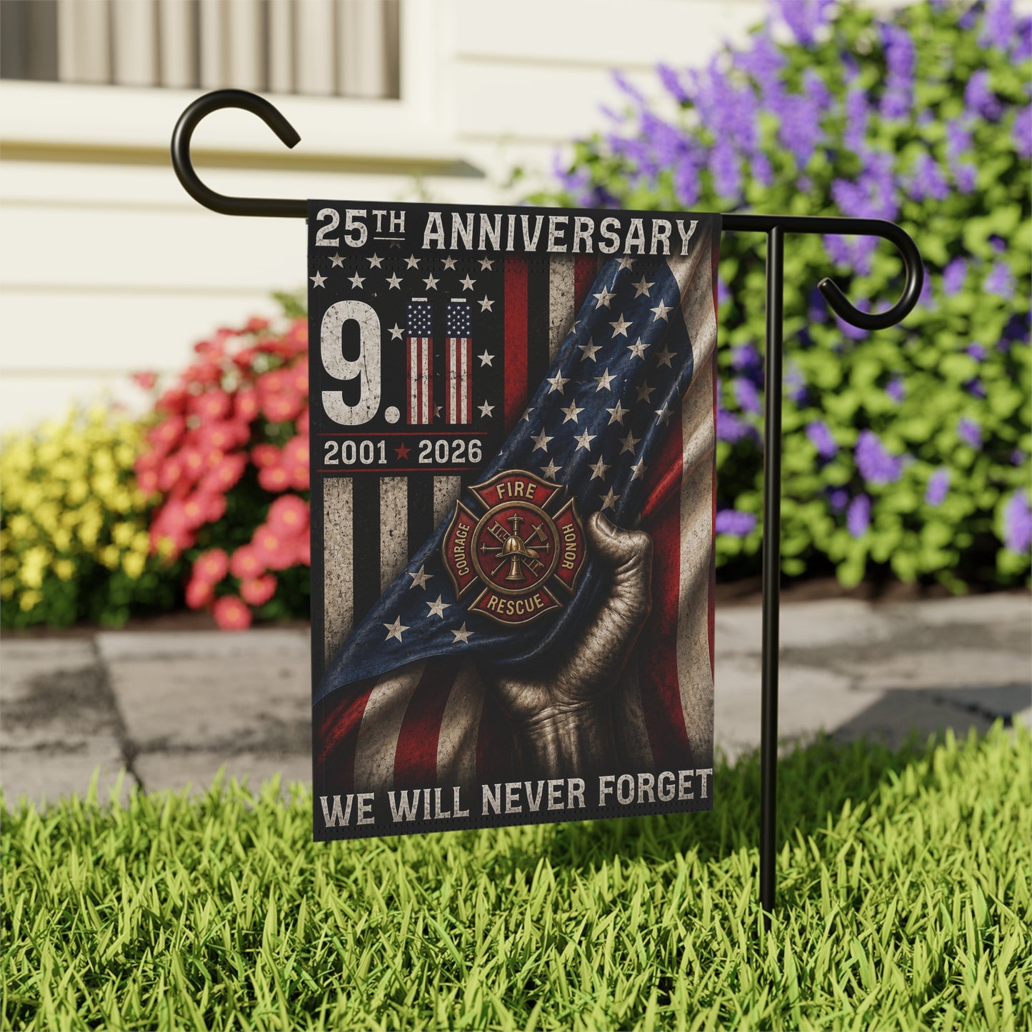 9/11 25th Anniversary Memorial Garden Flag — We Will Never Forget