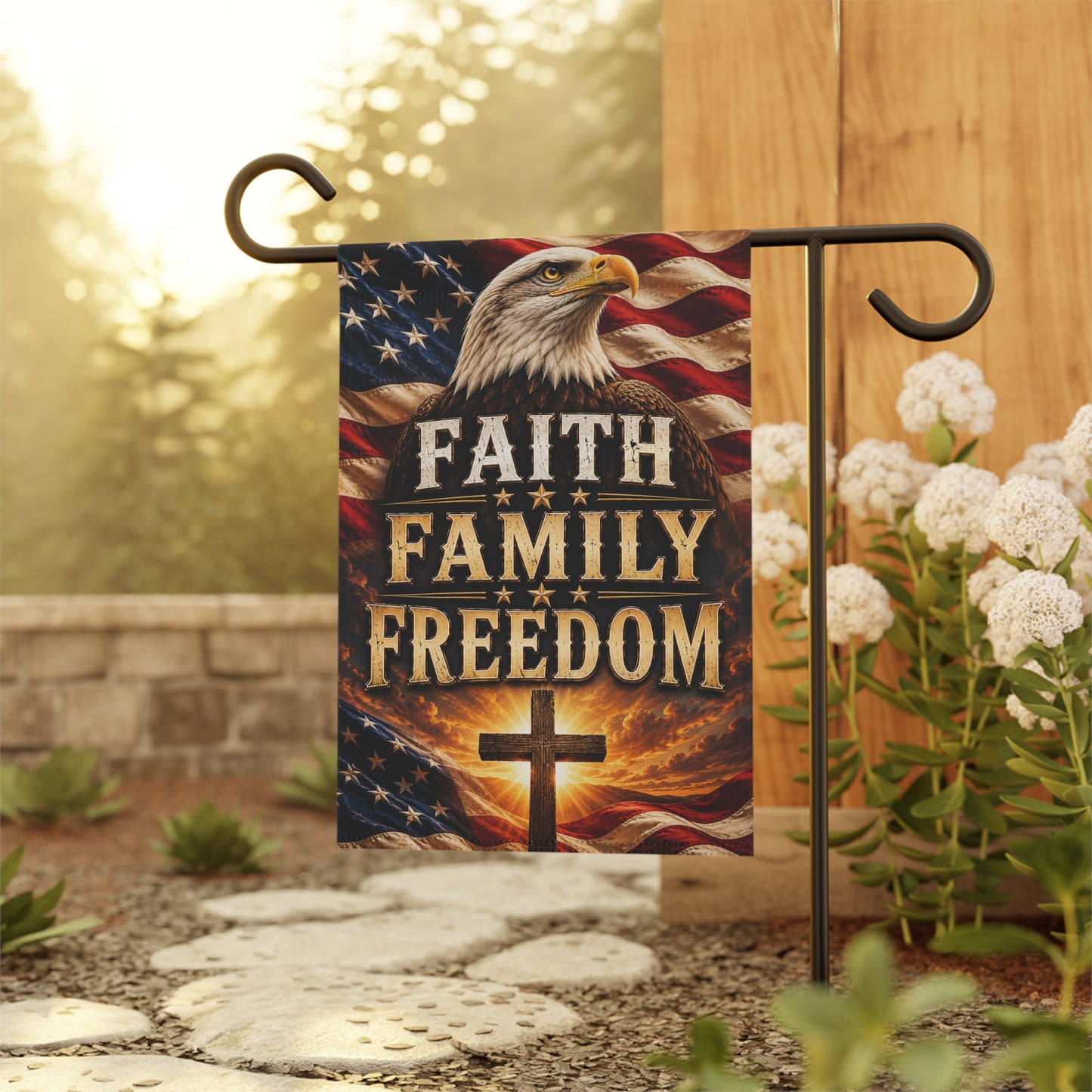 Faith Family Freedom Garden Flag — Patriotic Eagle & Cross Outdoor Banner