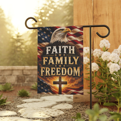 Faith Family Freedom Garden Flag — Patriotic Eagle & Cross Outdoor Banner