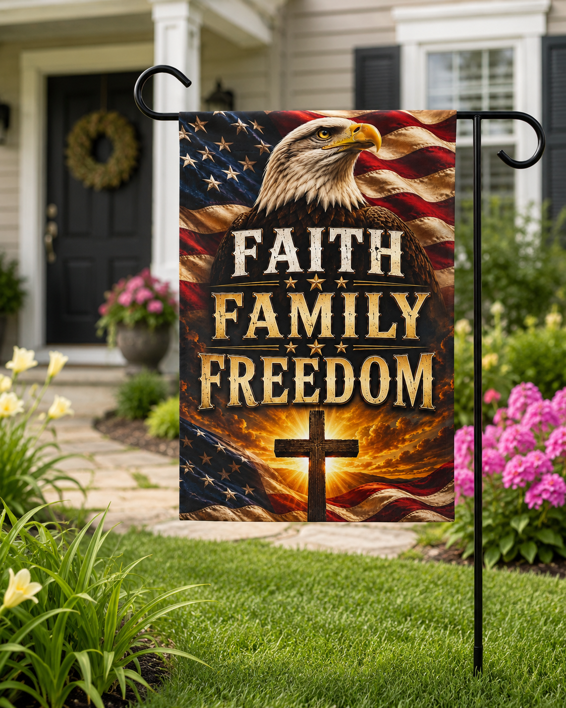 Faith Family Freedom Garden Flag — Patriotic Eagle & Cross Outdoor Banner