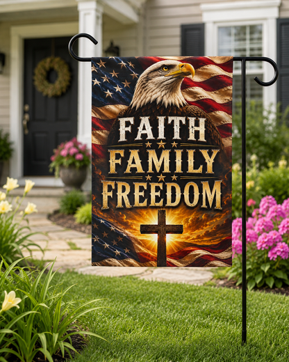 Faith Family Freedom Garden Flag — Patriotic Eagle & Cross Outdoor Banner
