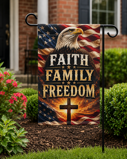 Faith Family Freedom Garden Flag — Patriotic Eagle & Cross Outdoor Banner