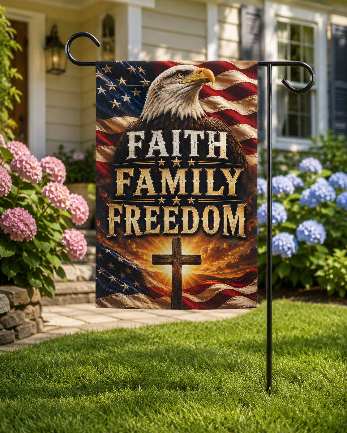 Faith Family Freedom Garden Flag — Patriotic Eagle & Cross Outdoor Banner