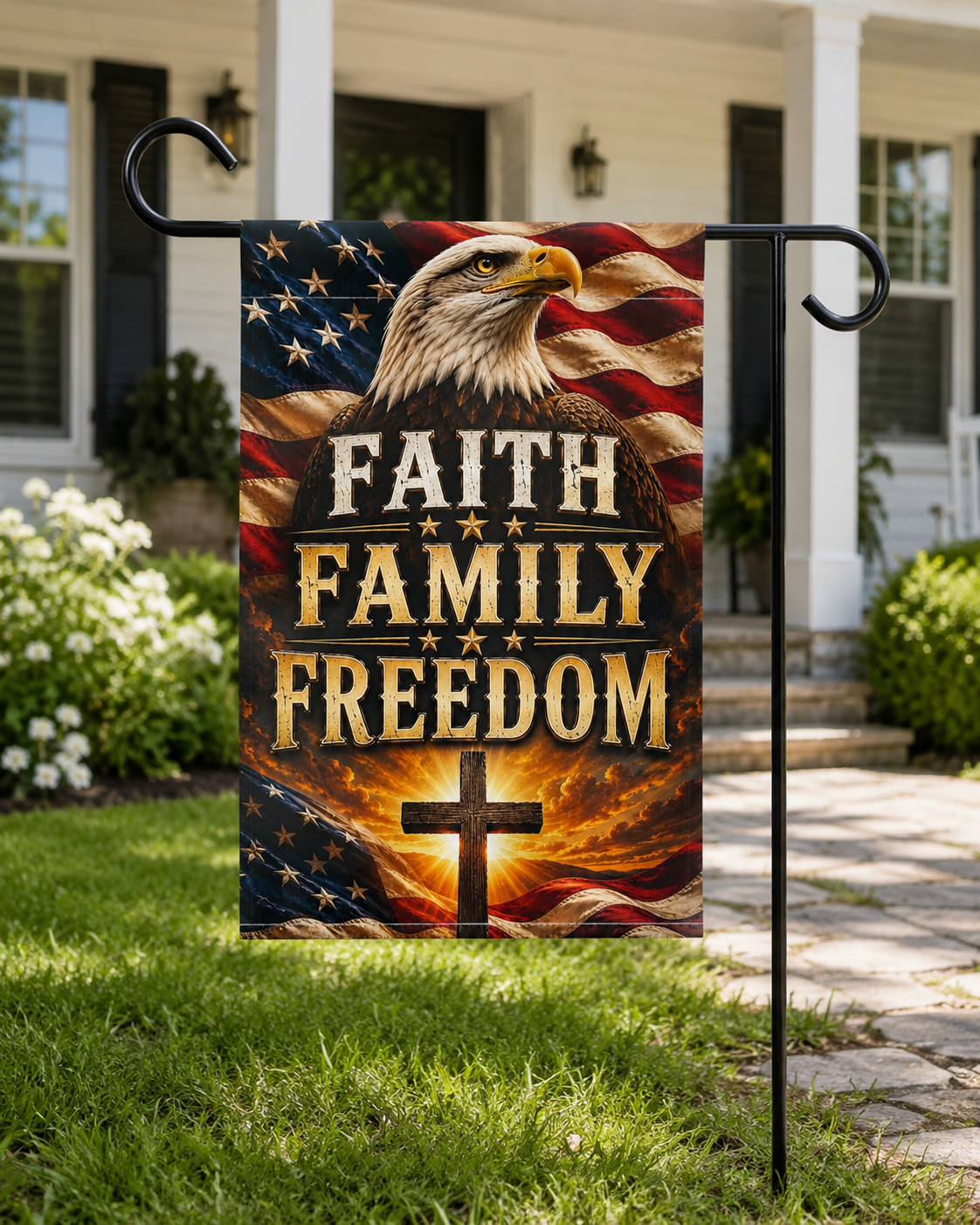 Faith Family Freedom Garden Flag — Patriotic Eagle & Cross Outdoor Banner