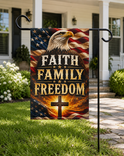 Faith Family Freedom Garden Flag — Patriotic Eagle & Cross Outdoor Banner