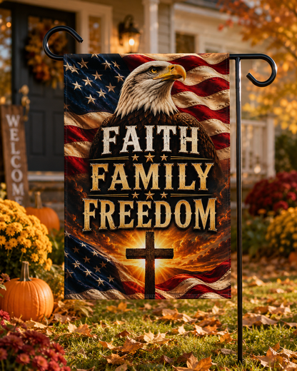 Faith Family Freedom Garden Flag — Patriotic Eagle & Cross Outdoor Banner