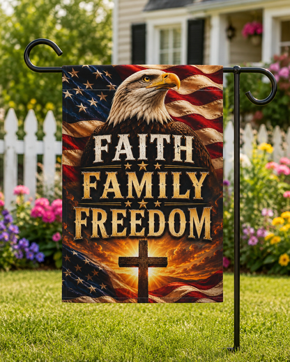 Faith Family Freedom Garden Flag — Patriotic Eagle & Cross Outdoor Banner
