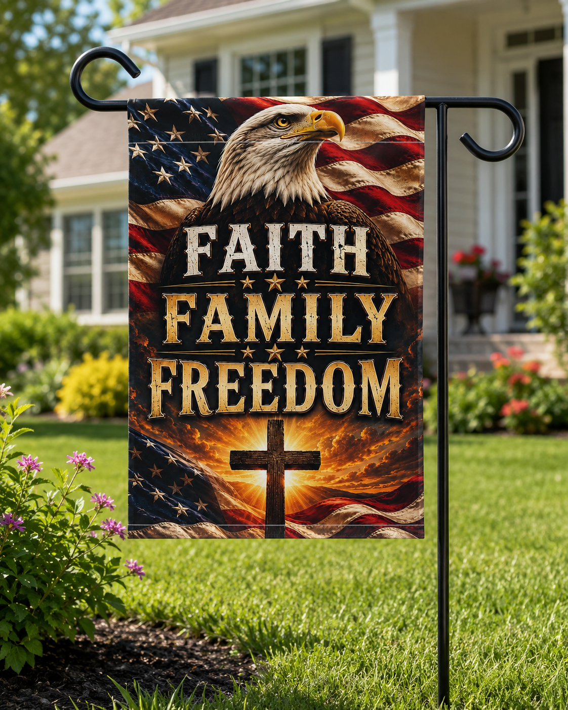 Faith Family Freedom Garden Flag — Patriotic Eagle & Cross Outdoor Banner