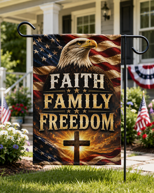 Faith Family Freedom Garden Flag — Patriotic Eagle & Cross Outdoor Banner