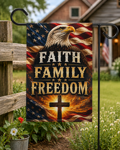 Faith Family Freedom Garden Flag — Patriotic Eagle & Cross Outdoor Banner
