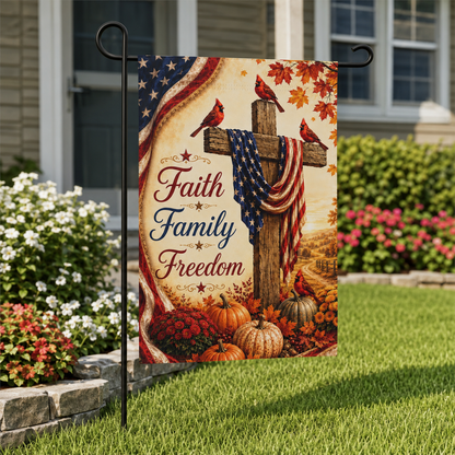 Faith Family Freedom Garden Flag - Patriotic Cross Autumn House Banner