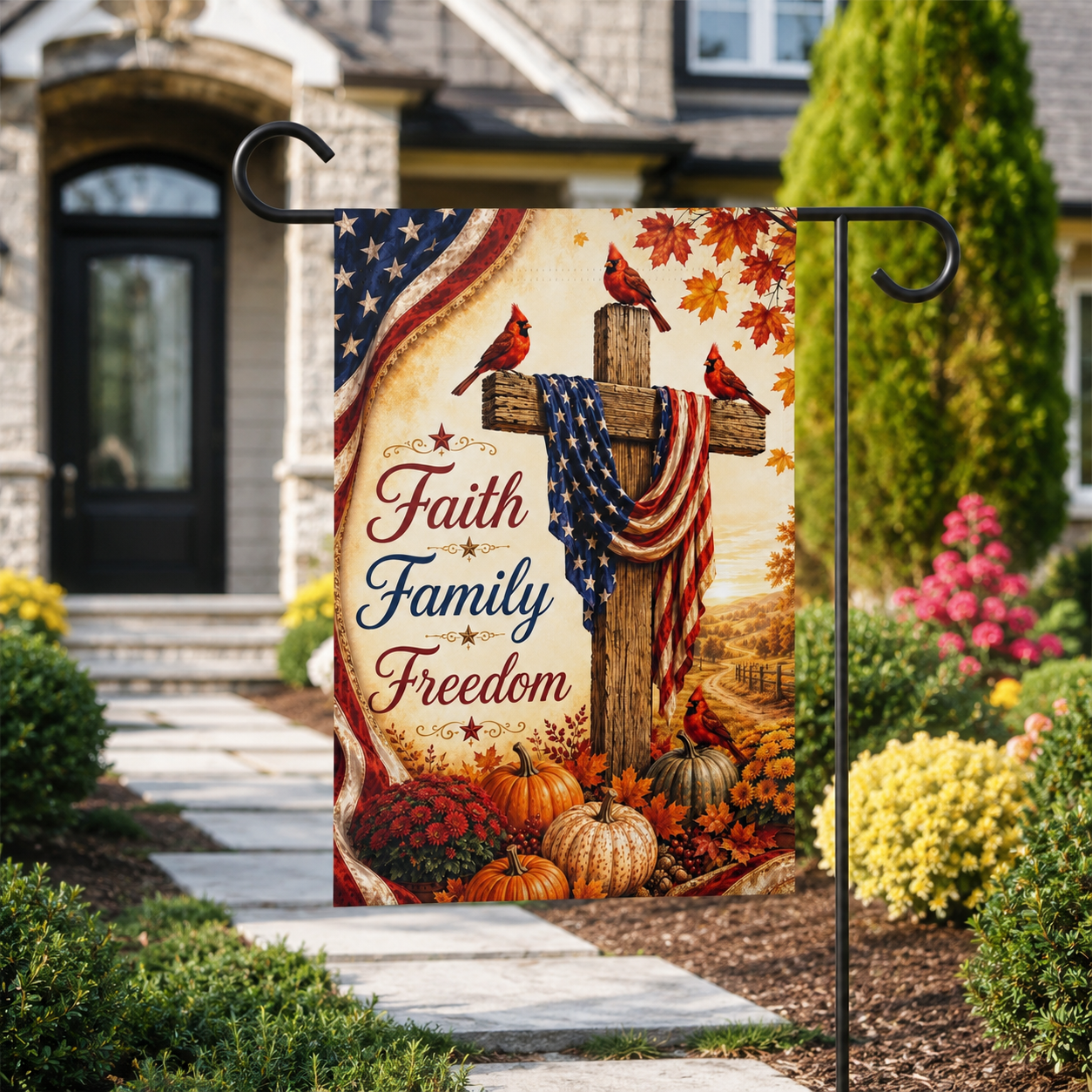 Faith Family Freedom Garden Flag - Patriotic Cross Autumn House Banner