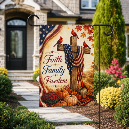 Faith Family Freedom Garden Flag - Patriotic Cross Autumn House Banner