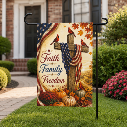 Faith Family Freedom Garden Flag - Patriotic Cross Autumn House Banner