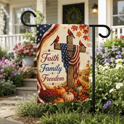 Faith Family Freedom Garden Flag - Patriotic Cross Autumn House Banner