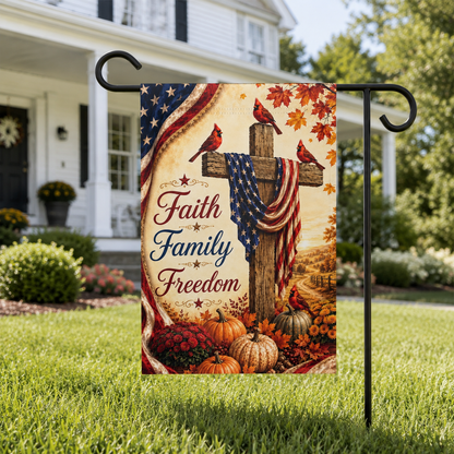 Faith Family Freedom Garden Flag - Patriotic Cross Autumn House Banner