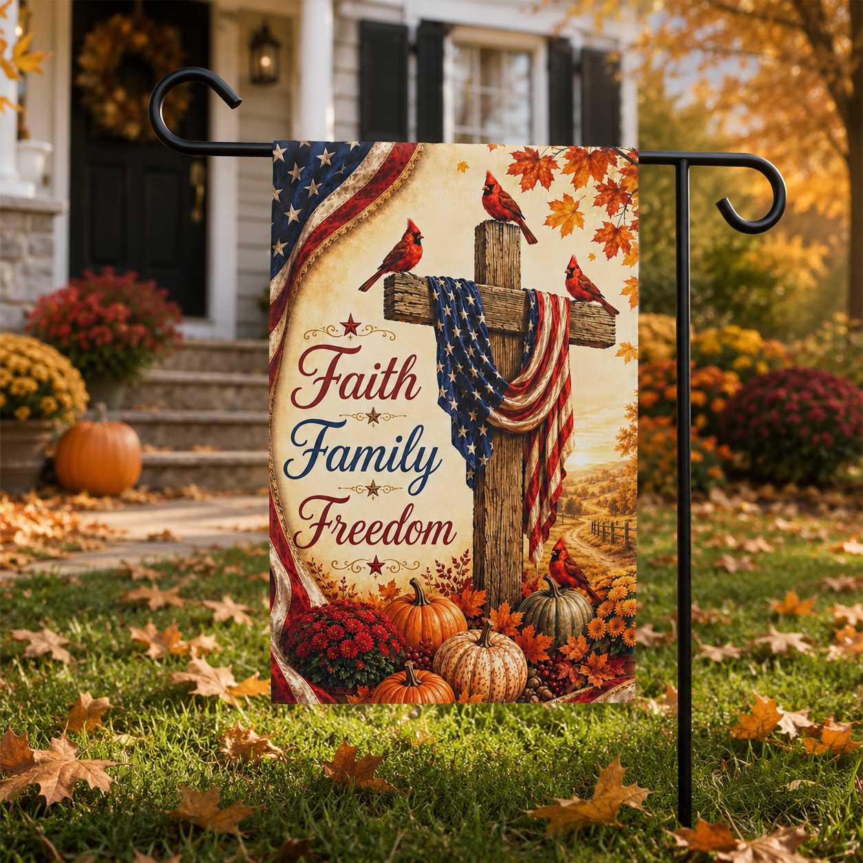 Faith Family Freedom Garden Flag - Patriotic Cross Autumn House Banner