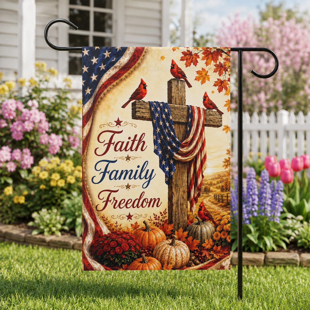 Faith Family Freedom Garden Flag - Patriotic Cross Autumn House Banner