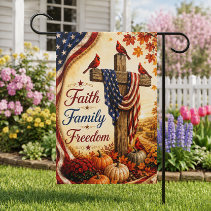 Faith Family Freedom Garden Flag - Patriotic Cross Autumn House Banner