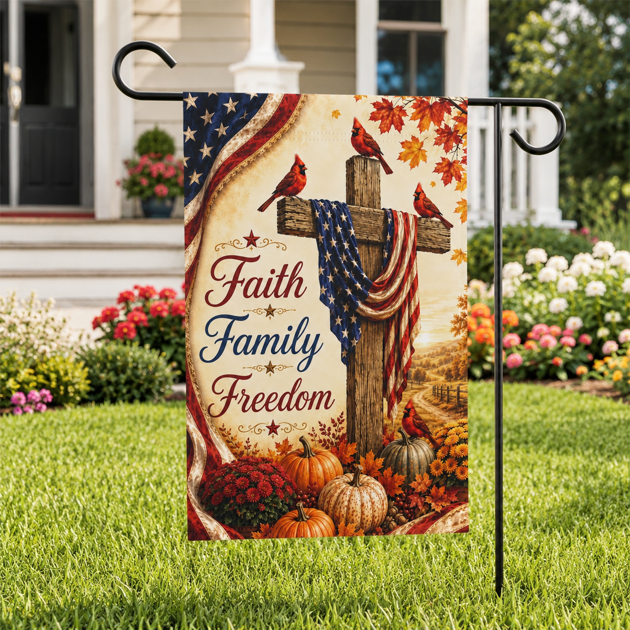 Faith Family Freedom Garden Flag - Patriotic Cross Autumn House Banner