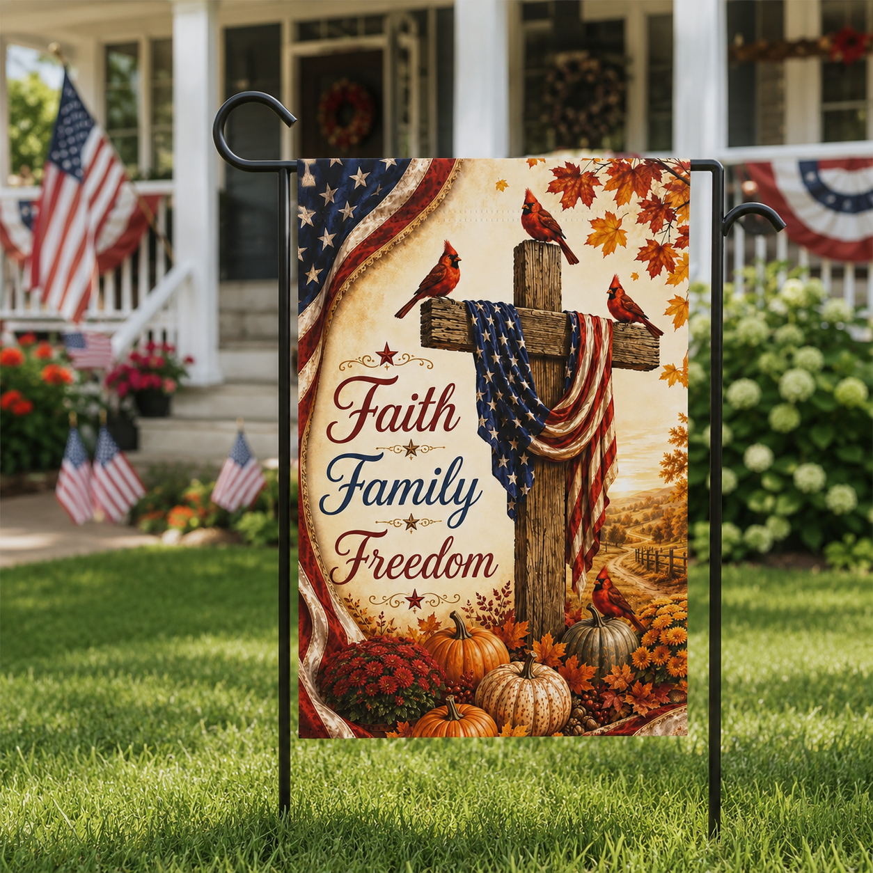 Faith Family Freedom Garden Flag - Patriotic Cross Autumn House Banner