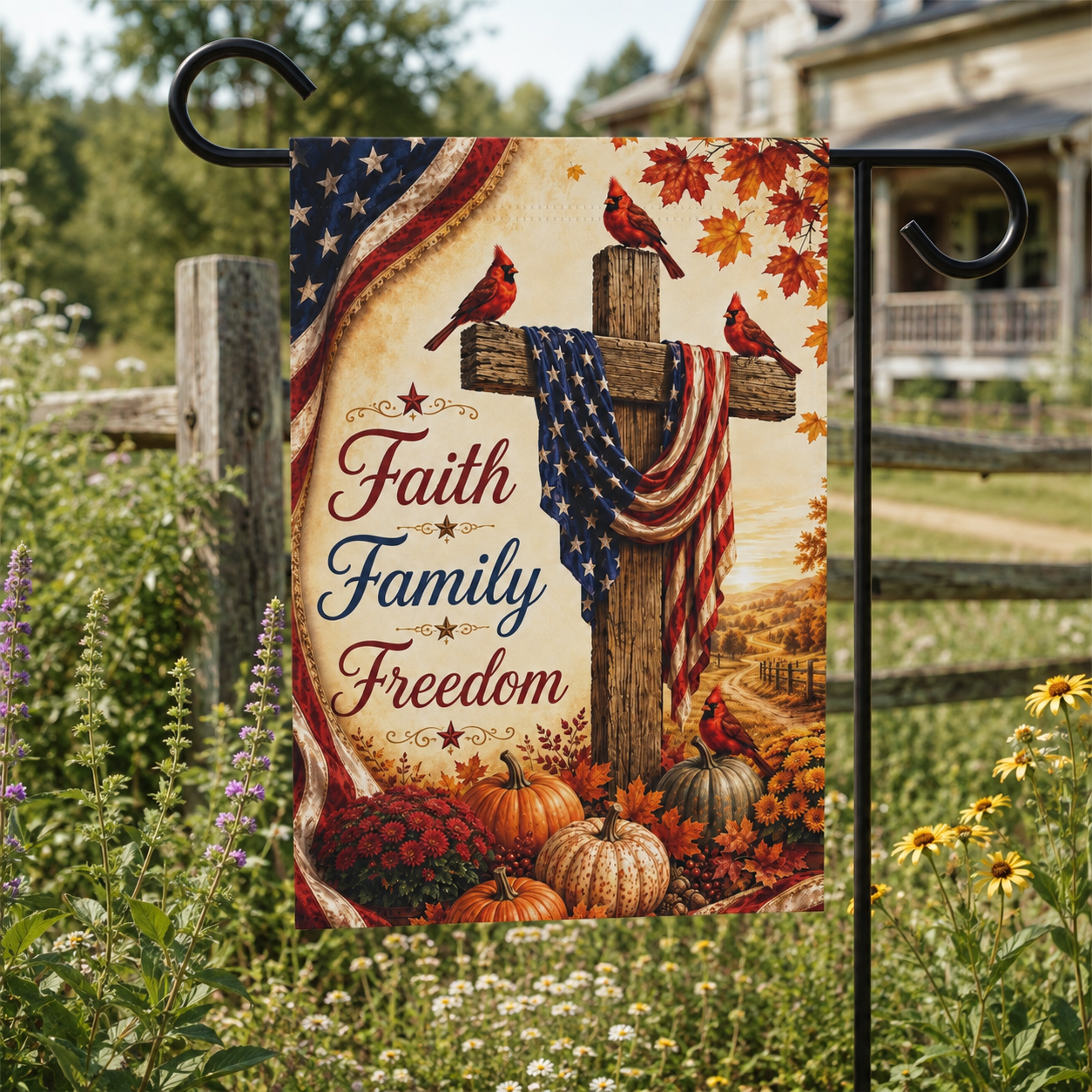 Faith Family Freedom Garden Flag - Patriotic Cross Autumn House Banner