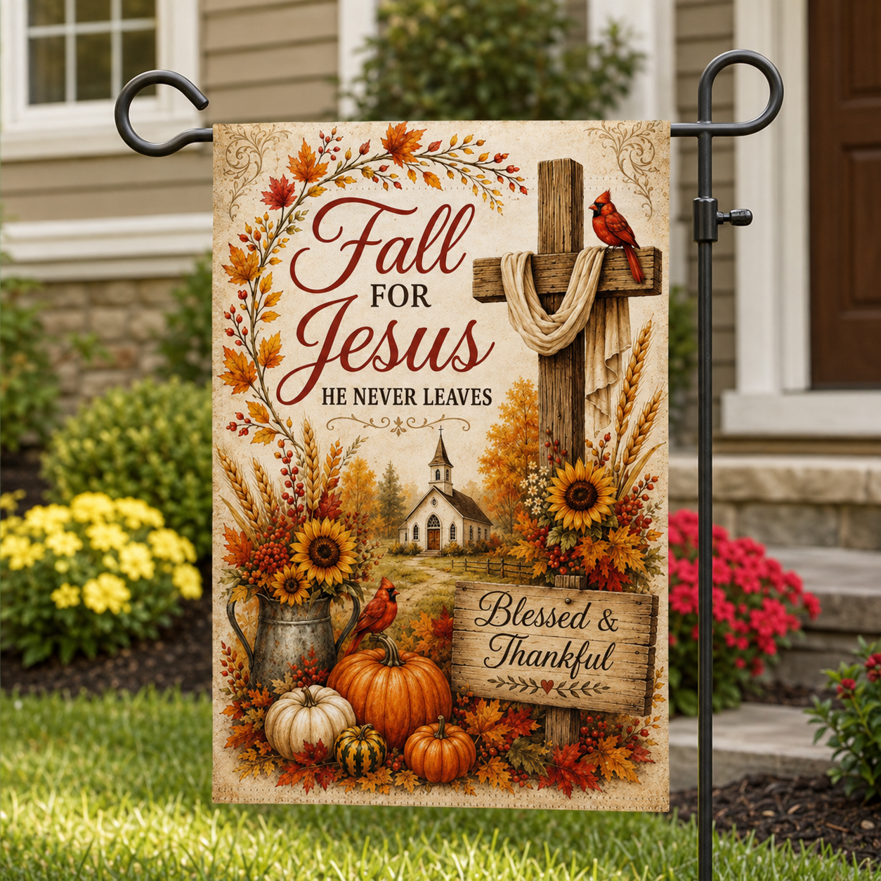 Fall for Jesus Garden Flag — Blessed & Thankful Autumn Yard Banner