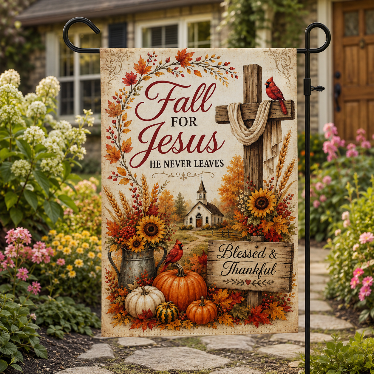 Fall for Jesus Garden Flag — Blessed & Thankful Autumn Yard Banner