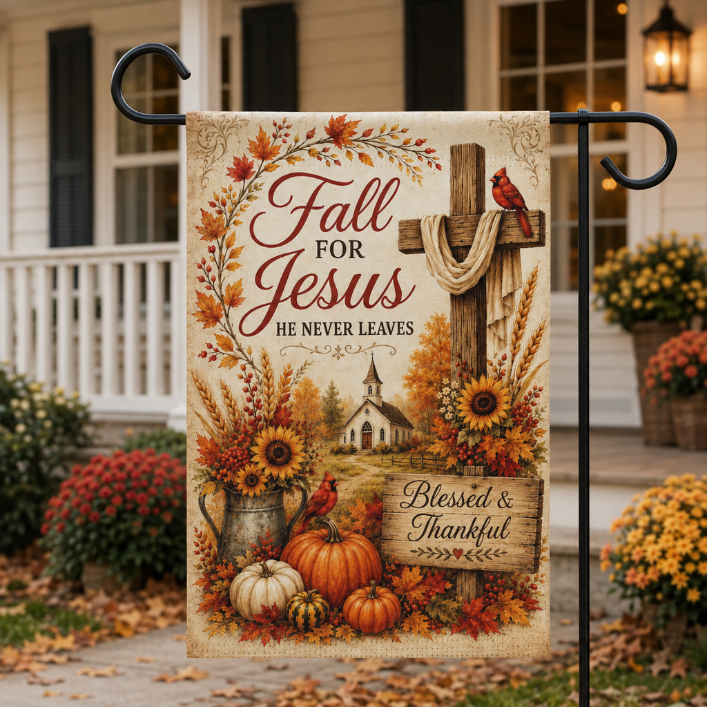 Fall for Jesus Garden Flag — Blessed & Thankful Autumn Yard Banner