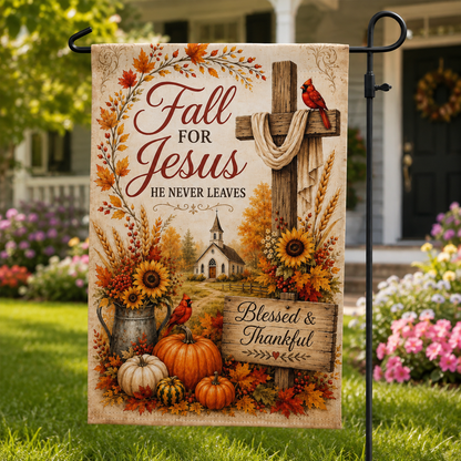 Fall for Jesus Garden Flag — Blessed & Thankful Autumn Yard Banner