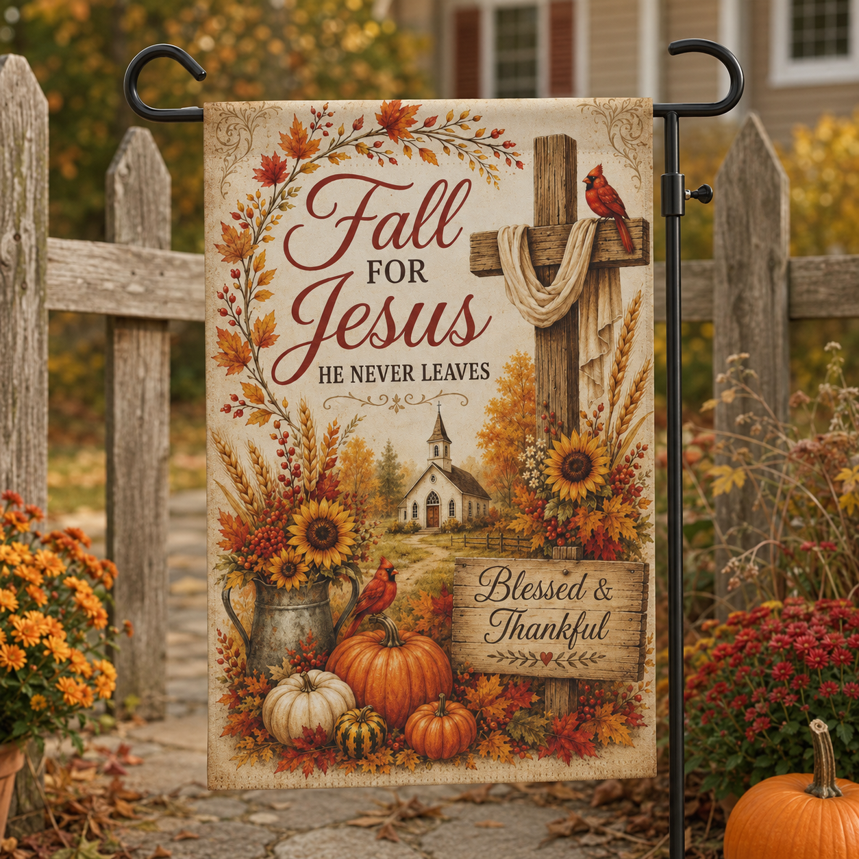 Fall for Jesus Garden Flag — Blessed & Thankful Autumn Yard Banner