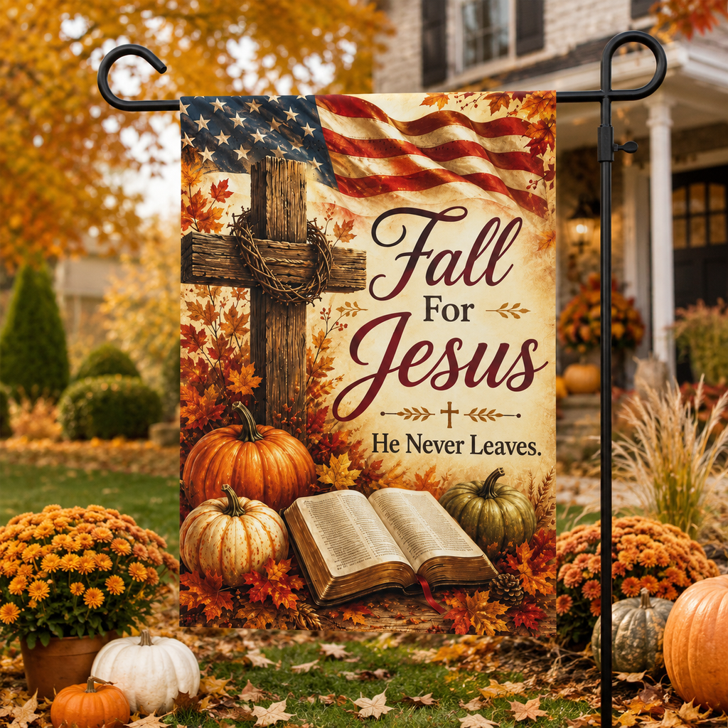 Fall for Jesus Garden Flag — Autumn Religious House Banner with Cross, Bible & Pumpkin