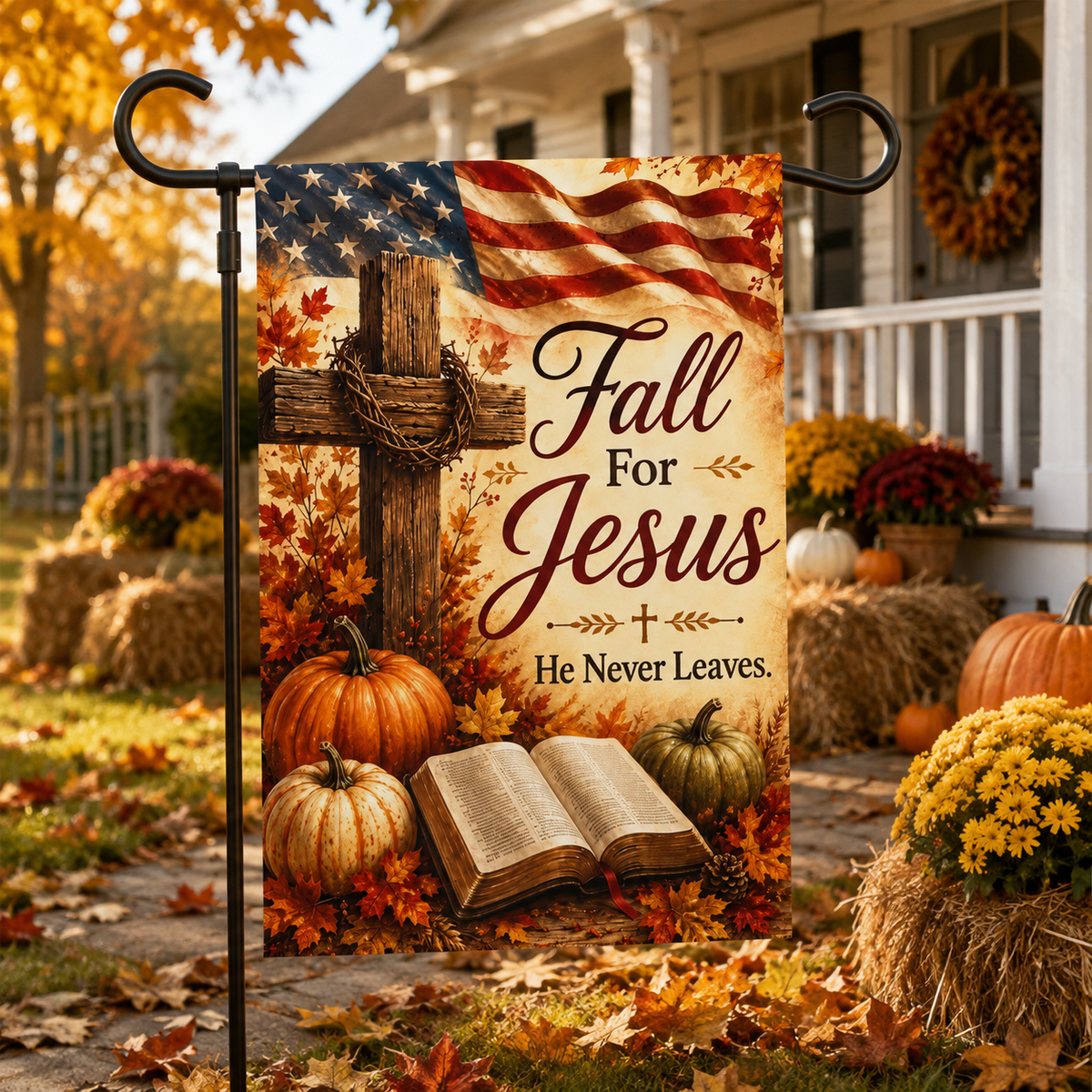 Fall for Jesus Garden Flag — Autumn Religious House Banner with Cross, Bible & Pumpkin